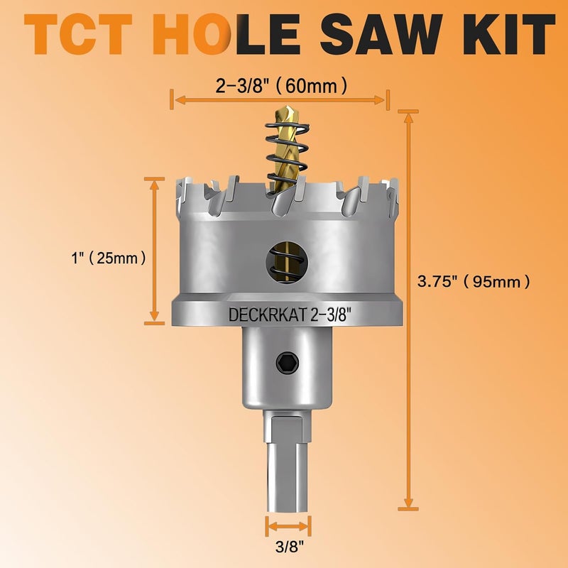 DECKRKAT 2-3/8" TCT Hole Saws for Hard Metal, Heavy Duty 60mm Tungsten Carbide Tipped Hole Cutters Set with Spring-Loaded Pilot Drill Bits for Stainless Steel, Metal, Iron, and Plastic. - Image 2